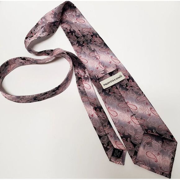 Pronto Uomo Necktie Paisley in Taupe/Pink/Rose 100% Silk Hand Made Tie - Picture 8 of 9